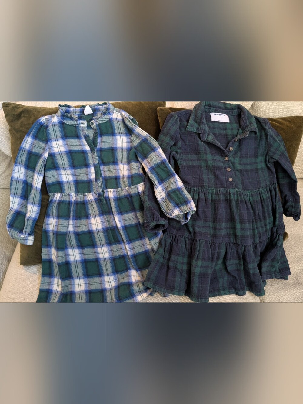 Old Navy Girls' Blue and Green Plaid Tiered Dresses - Long Sleeve